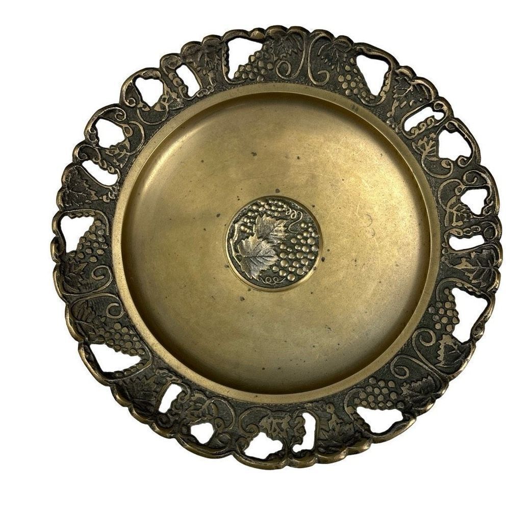 vintage brass cut out dish / brass dish with raised relief grape pattern / vinta